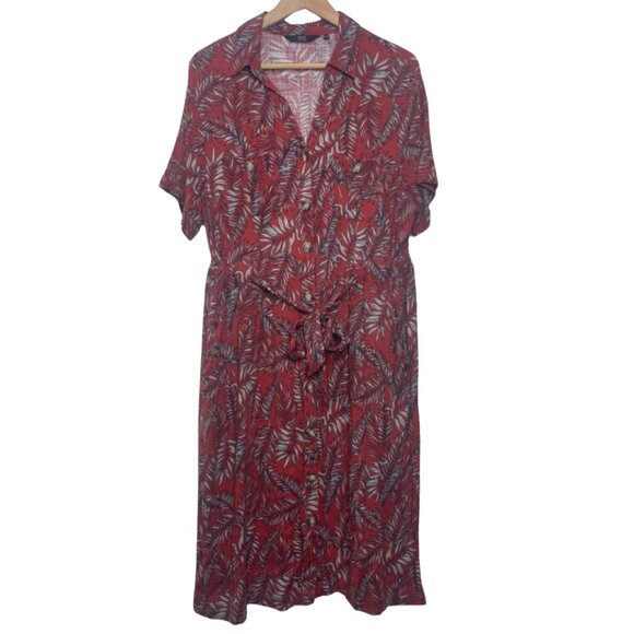 ISLE COLLECTION | NWOT Red Leaf Print Tropical Midi Button Front Dress | Size 12 - Picture 1 of 13